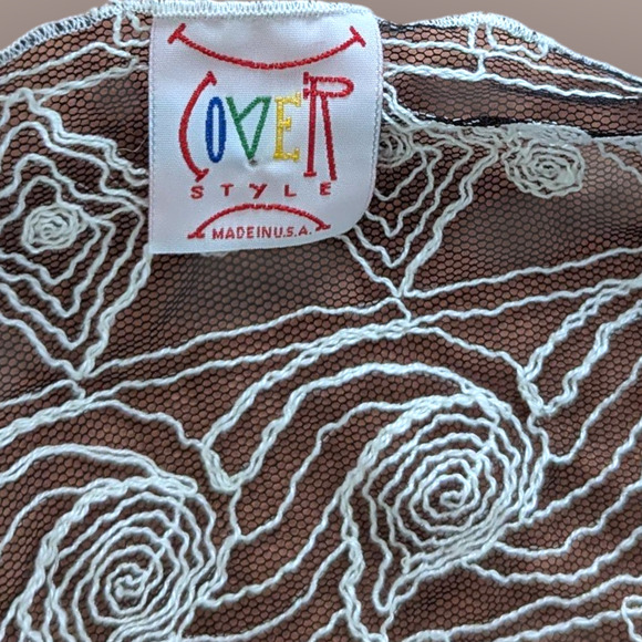 90s Vintage Cream Embroidered Sheer Black Mesh Wrap Shawl - Picture 7 of 9